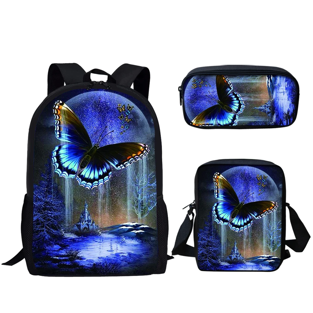 Belidome Betterfly Moon Print 3Set School Bags for Teen Boys Girls Casual Backpack for College Student Back to School Bookbag