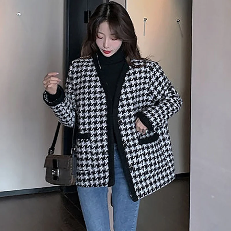 

Korean Style Loose Tweed Jacket Women Chic Blend Wool Houndstooth Coat Ladies Spring single-breasted Outwear With Pockets