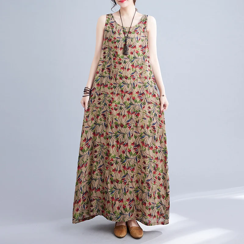 

#3922 Floral Printed Tank Top Dresses For Women Sleeveless A-line Dresses Female Pockets Loose Vintage Long Dress O-neck Summer