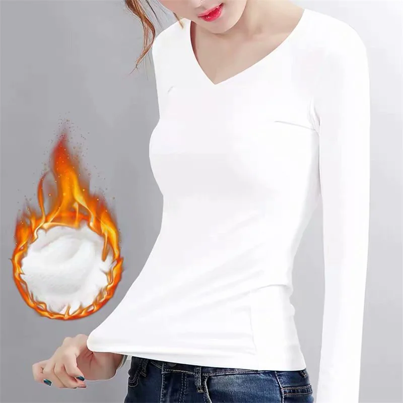 Women Thermal Underwear Seamless Bottoming Shirt Solid Color Long-sleeved T-Shirt Thin Velvet Heating Fiber Thermal Top Tee