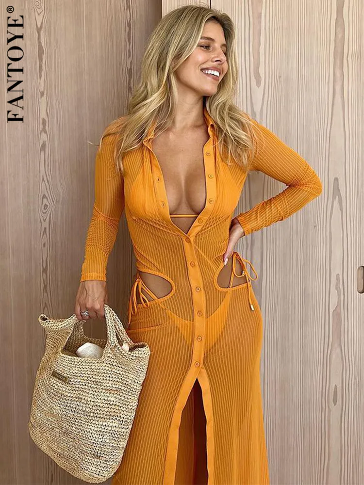 

Fantoye High Side Split Transparent Dress Women Sexy Long Sleeve Solid Slim Turn Down Collar Hollow Out Single Breasted Dresses