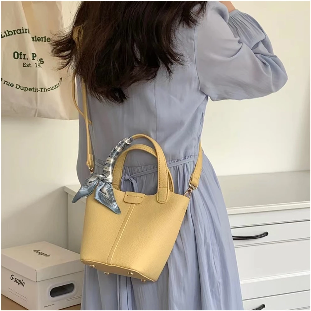 Solid Color Bucket Bag for Women Girls Soft PU Handbag Cacusal Magnetic Clasp Closure Mini Crossbody Shoulder Bag