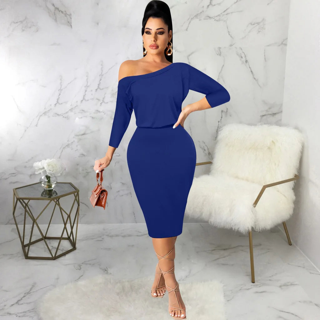 

2022 Spring Women Black Elegant Bodycon Dress Sexy One Shoulder Full Sleeve Midi Celebrity Evening Runway Party Bodycon Dress