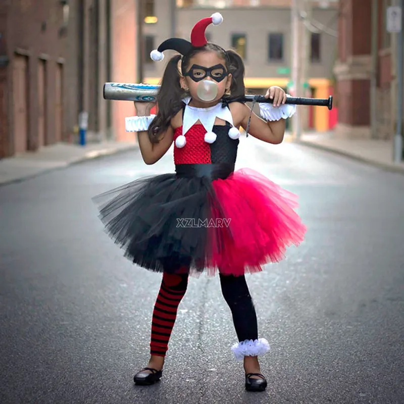 

Детский костюм клоуна Джокера для косплея, платье-пачка клоуна для девочек с повязкой на голову, детские платья на день рождения, карнавал, Хэллоуин