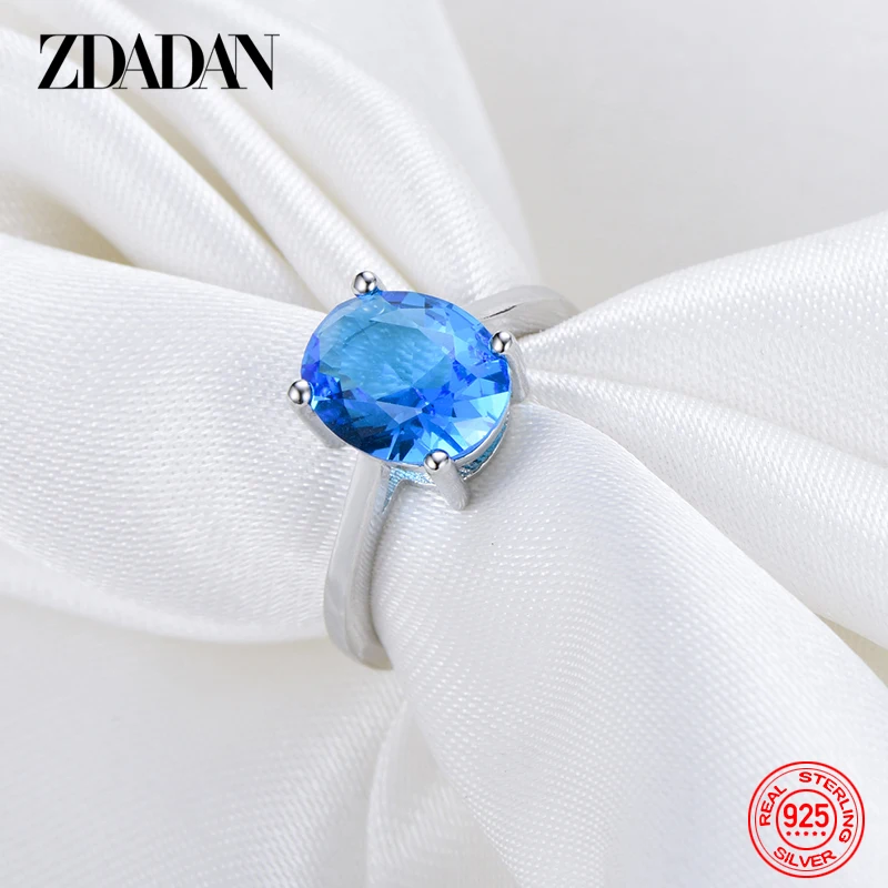 ZDADAN 925 Sterling Silver Blue Topaz Finger Ring For Women Fashion Jewelry