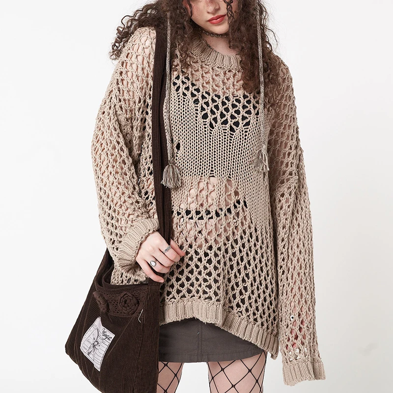 

Y2k Women Knitted Cover-Up T shirt Solid Color Long Sleeve Round Neck Hollow-Out Fashion Loose Tops Autumn Casual Streetwear