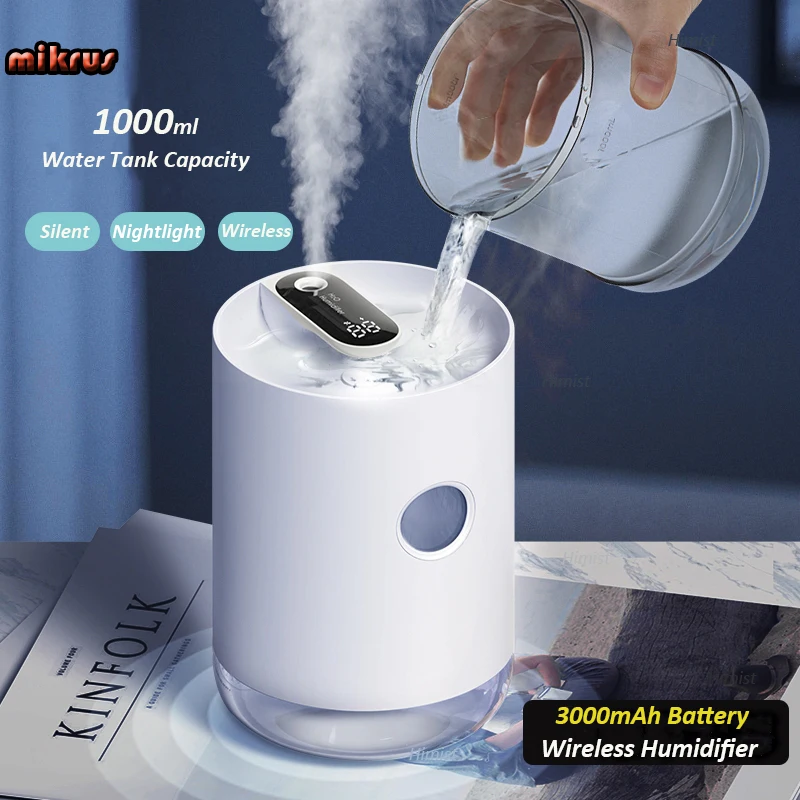 Home Air Humidifier 1L 3000mAh Portable Wireless USB Aroma Water Mist Diffuser Battery Life Show Aromatherapy Humidificador