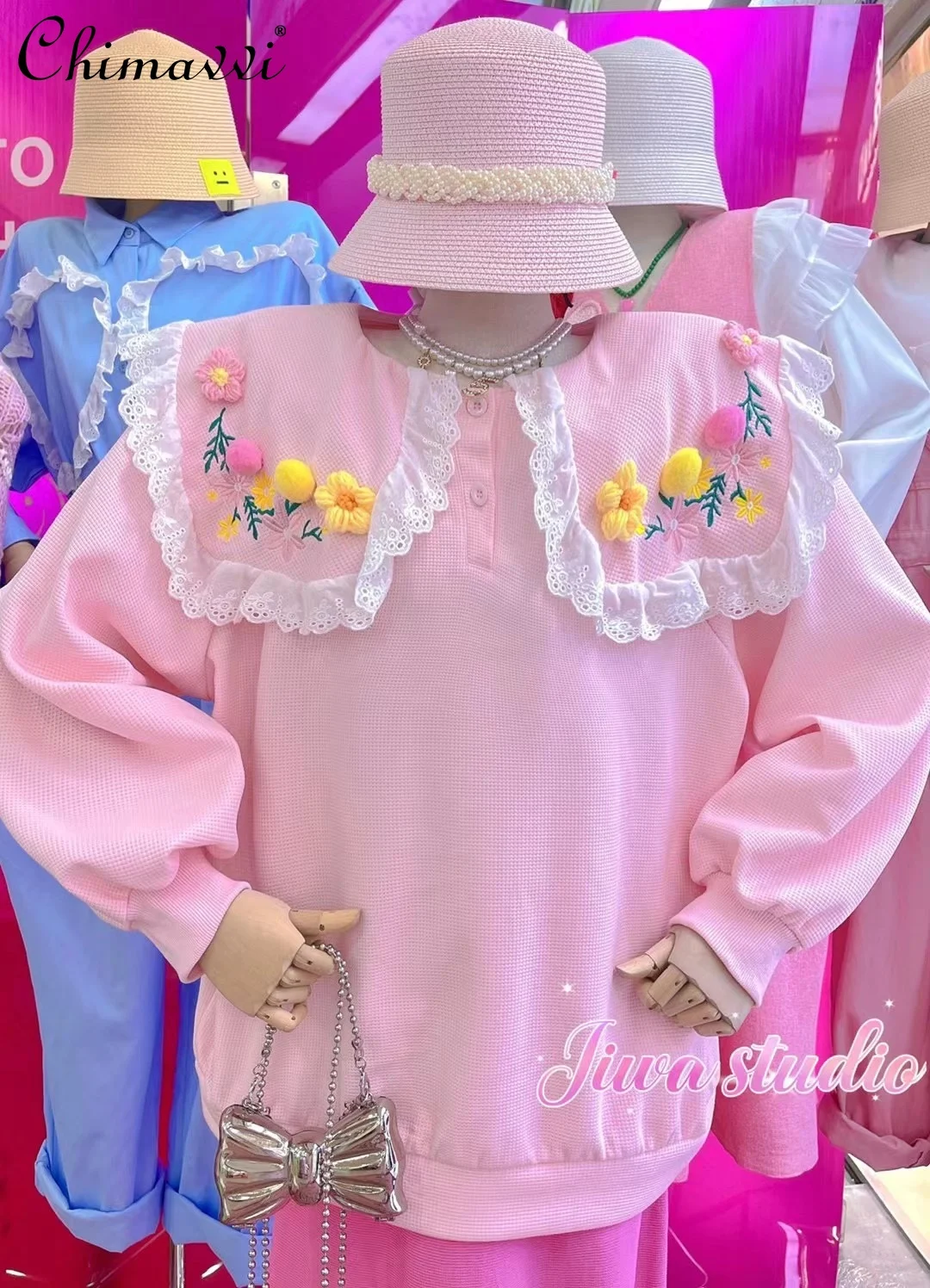 

Women's Korean Fashion Knitted Flower Doll Collar Pullover Sweatshirts 2022 Autumn New Sweet Cute Long Sleeve Girly Hoodies