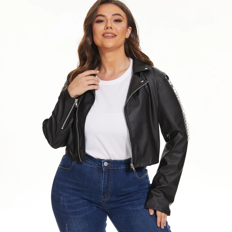 Куртка женская из искусственной кожи с длинным рукавом и цепочками - купить по
