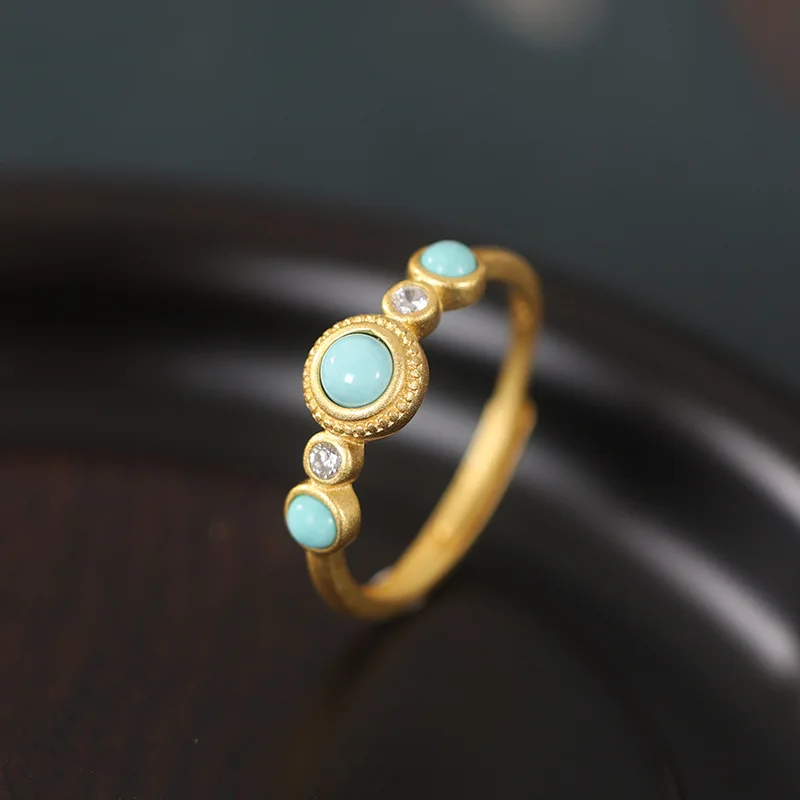 

Kinel Real 925 Sterling Silver Original Certified Gold Plated Natural Turquoise Ring For Women Vintage Simple Old Make Desgin