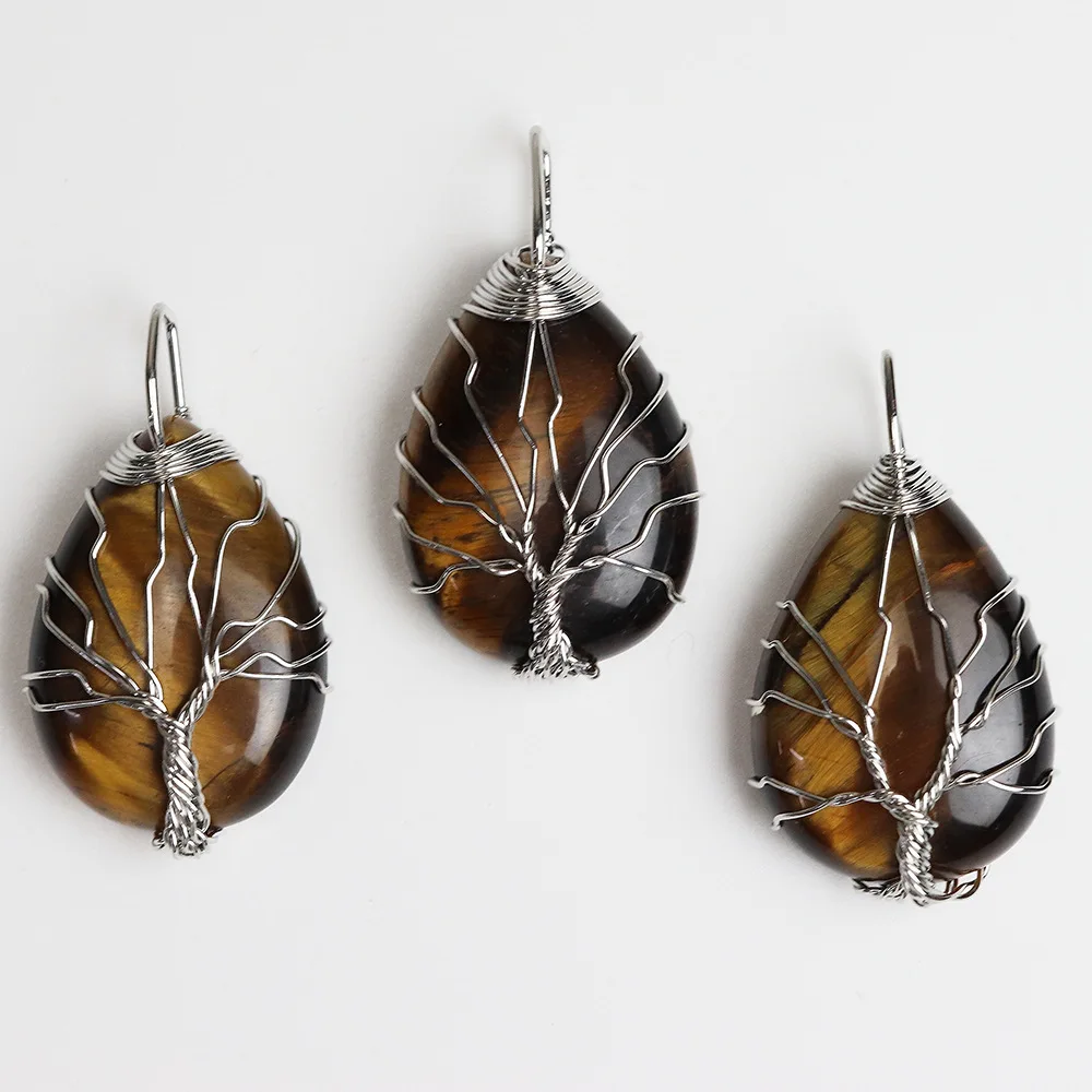 

Teardrop Tiger Eye Stone Crystal Wire Wrap Handmade Tree of Life Drop Shape Natural Pendants