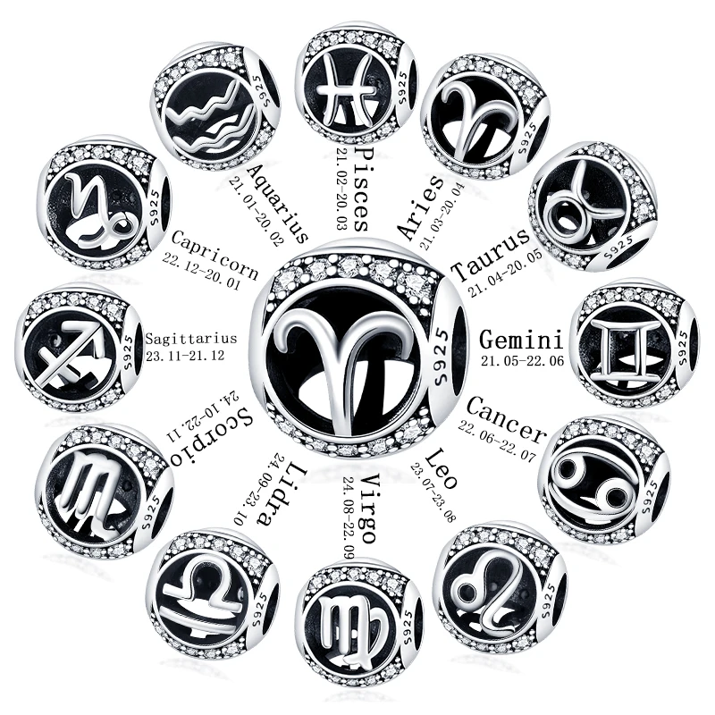 Pandach Genuine 925 Silver 12 Constellation Zodiac Round Beads Fit Original Pandora Bracciali Charms Jewelry