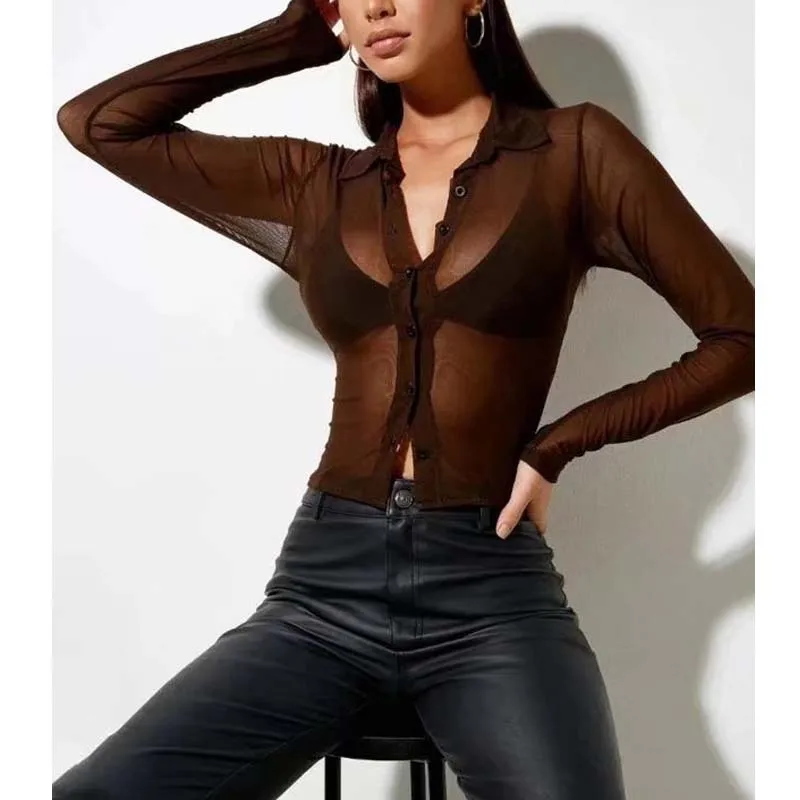 

Mesh Sexy Button See-through Cardigan Summer New Cross-border Women's Fashion Solid Color Lapel Shirt