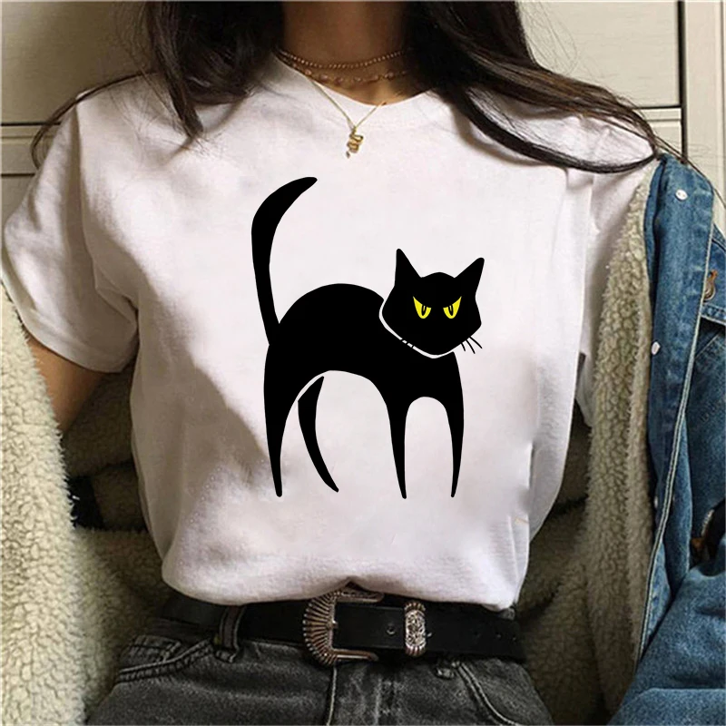 

New hot sale printed kawaii cartoon casual women's t-shirt cute black cat short sleeve summer shirt