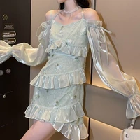 french sweet suspender dress female 2022 summer new mesh long sleeved design ruffled clothes french dress women