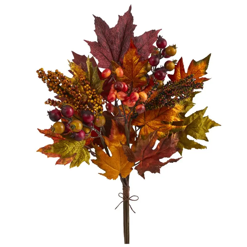 

20in. Maple Leaf and Berries Artificial Flower Bouquet (Set of 3), Orange Wedding Party Vase Home Autumn Decoration Fake Flower