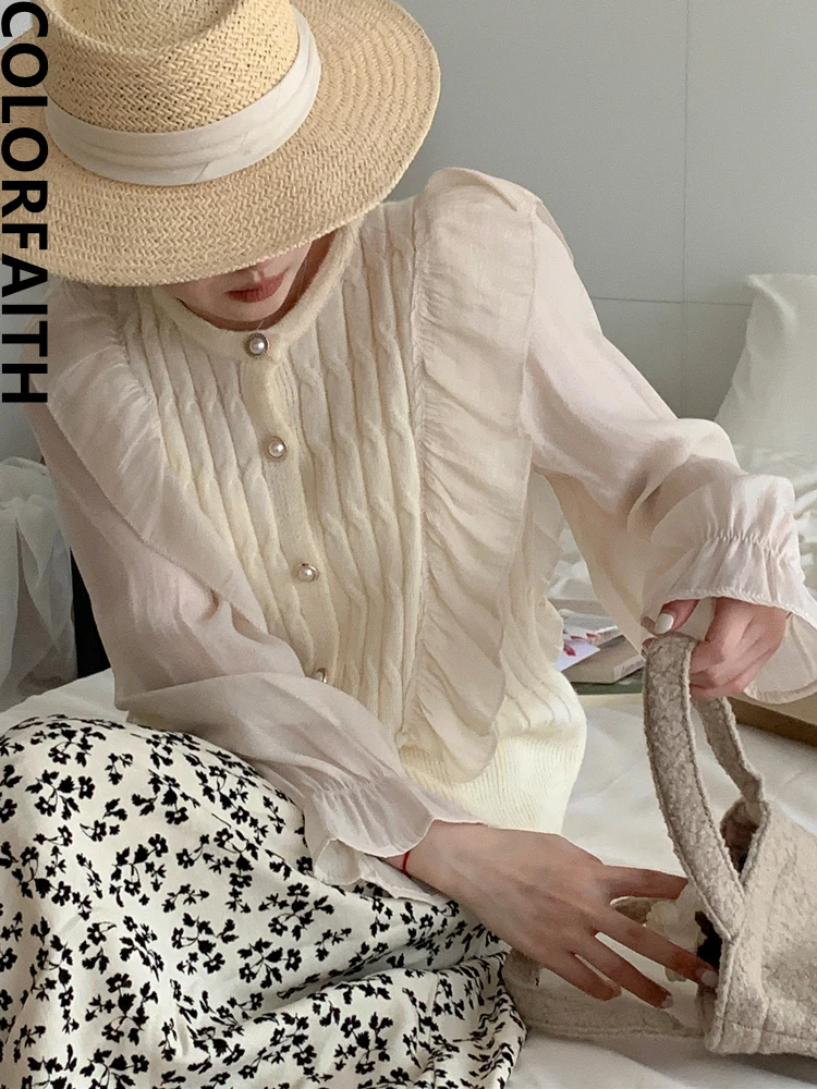 

Colorfaith BL5195JX Новинка 2023, женские винтажные вязаные лоскутные блузки с рюшами, элегантные женские розовые блузки на весну и лето, рубашки, шикарные топы