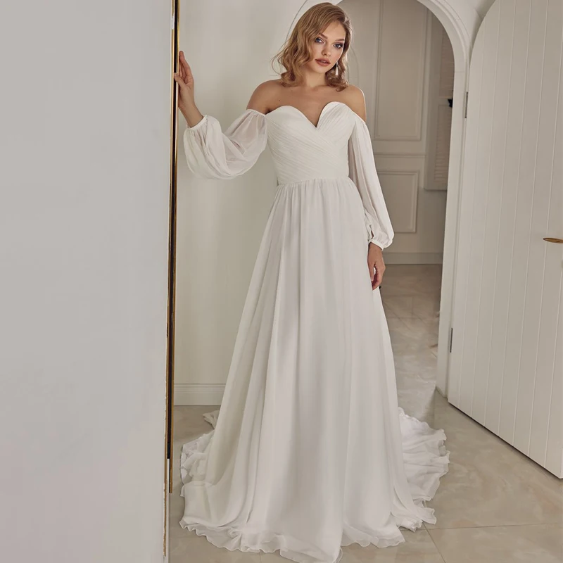 

A-Line 2022 Puff Sleeves Sweetheart Bride Dress Sweep Train A-Line Chiffon For Women Customize Country Robe De Mariee White