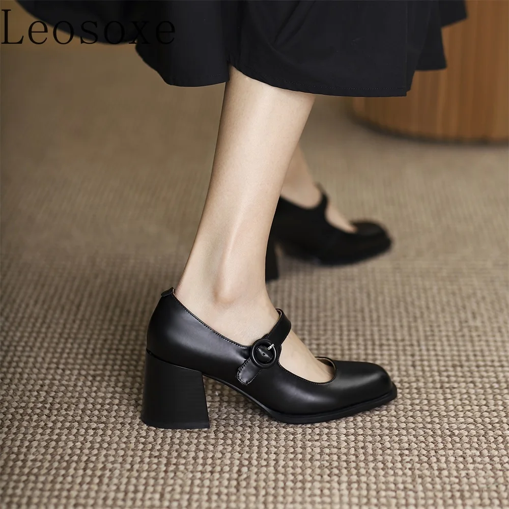 Woman High Heel Shoes Square Heels Round Toe Mary Janes Pumps Buckle Strap Black Brown Handmade Elegant Lady Shoes 2022 New