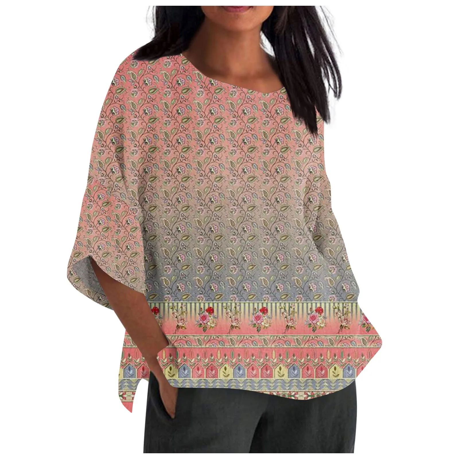 

Women Summer Cotton Linen T-Shirt Tops Printing Loose Fit Blouse 3/4 Sleeve Vintage Crewneck Plus Size Clothes Top Women Fashion