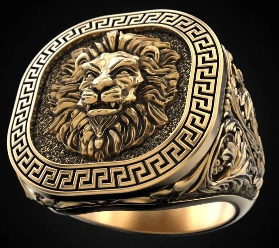 

Мужское кольцо с греческим орнаментом, кольцо из серебра 925 пробы с объемным рисунком короля льва, 20 г