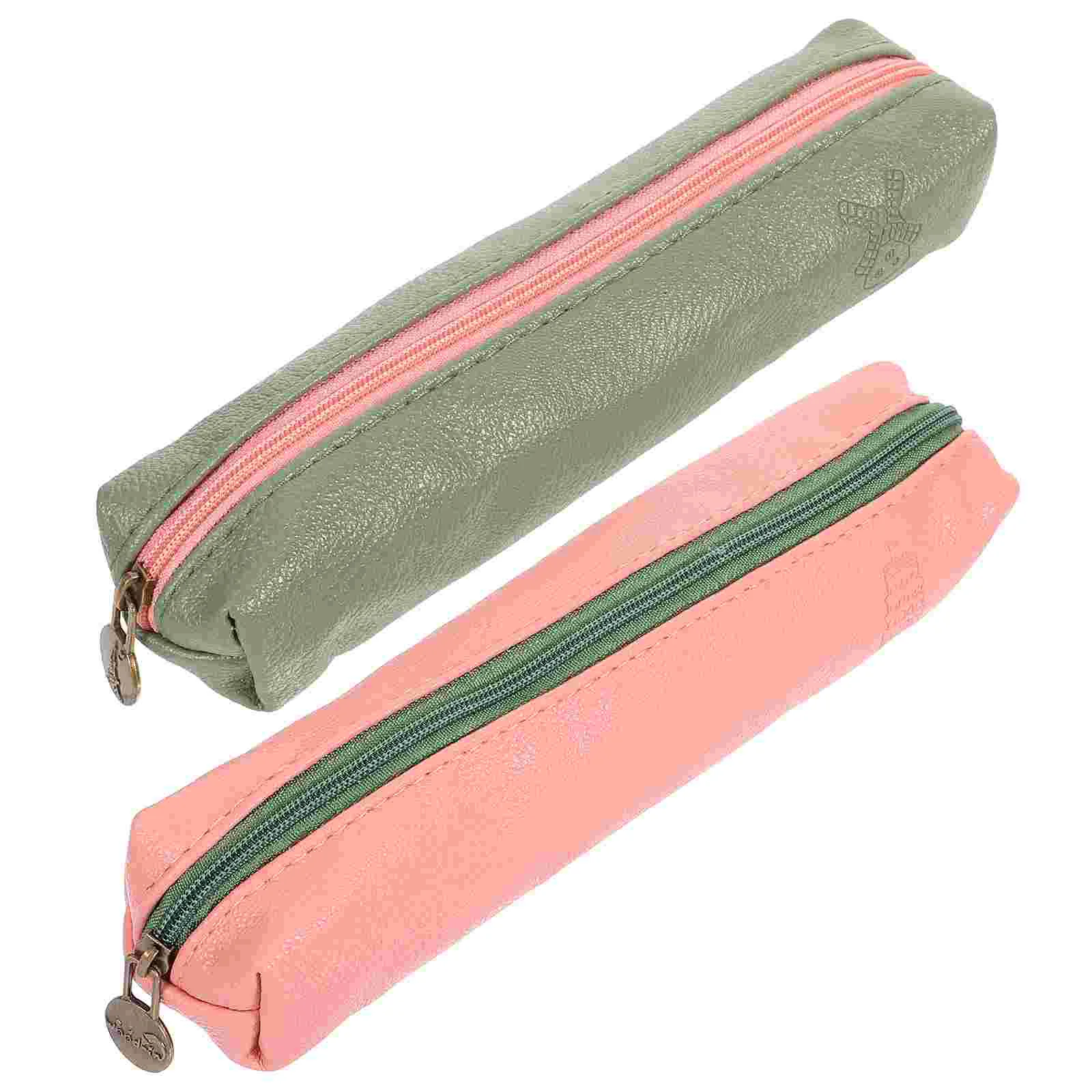 

2 Pcs Case Double Zipper Slim Thin Bag Aesthetic Pu Student Stationery