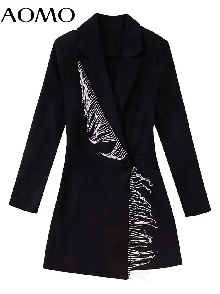 

AOMO Women Black Beading Tassel Blazer Rompers Overalls for New Year Party Ladies Casual Chic Playsuits BE163A