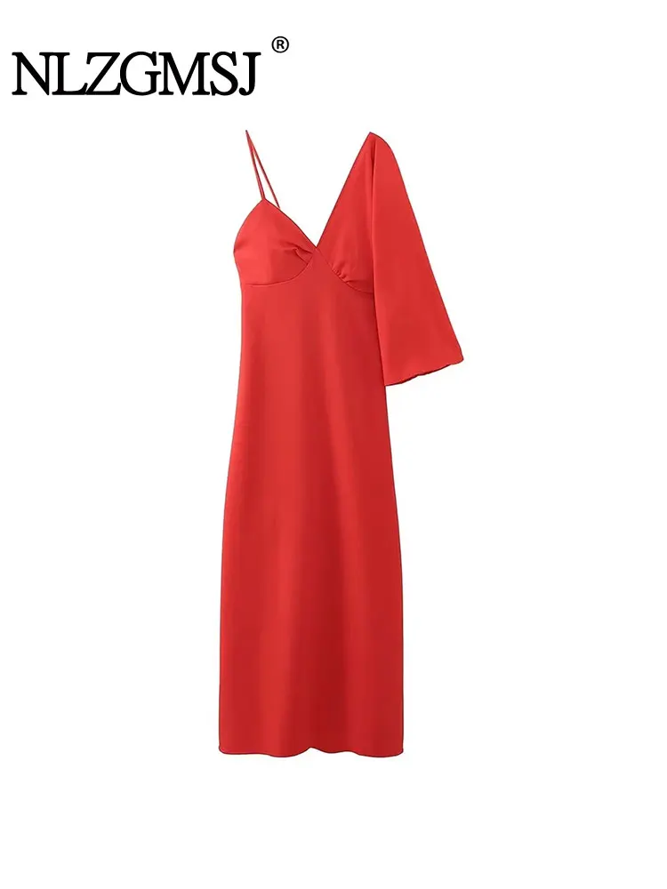 

Nlzgmsj TRAF Женское платье средней длины с узлом, красное шикарное платье для отпуска с V-образным вырезом, перекрестными бретельками и разрезом спереди, 2023