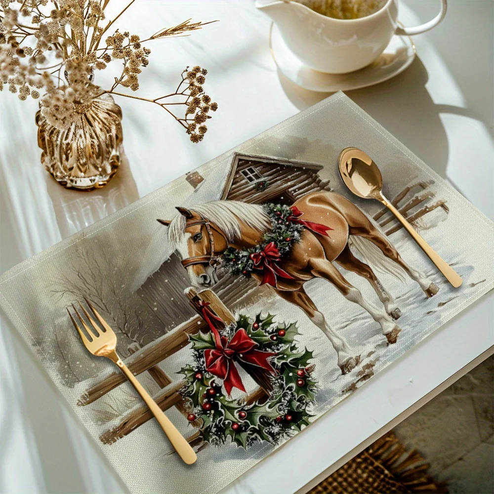 

Льняные рождественские салфетки с принтом лошади