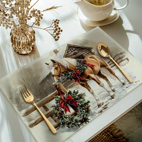 Льняные рождественские салфетки с принтом лошади