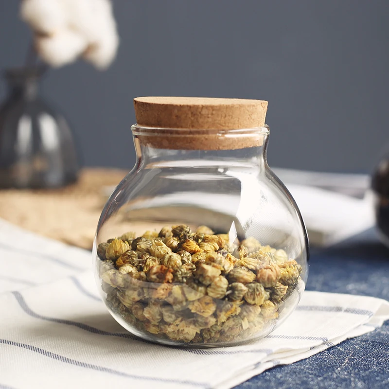 

500ml Round Shape Flower Tea Container Kitchen Jars with Cork Lid Home Accessory