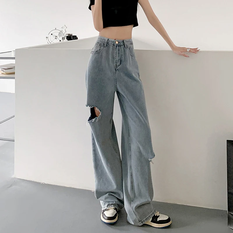 

Wide Leg Jeans Women's High Waist New Ripped Hole Fashion Korean Style Street Straight Loose Denim Trousers Female