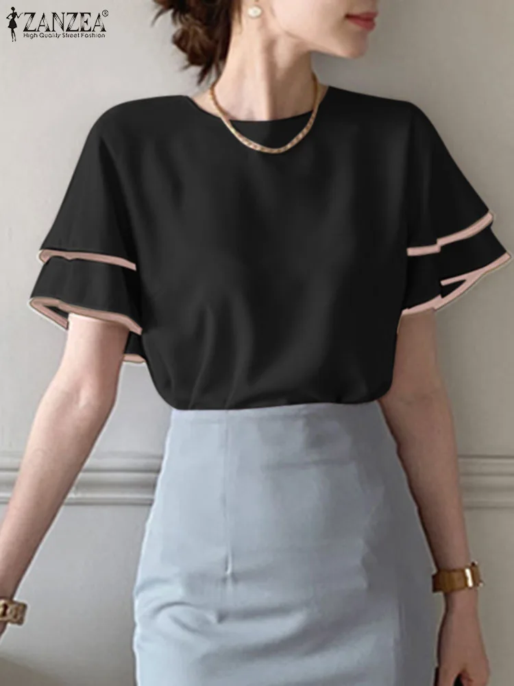 

ZANZEA Women Office Lady Shirts 2023 Summer Ruffle Short Sleeve Blouse Oversized Casual Solid Loose Blouse Lady Blusa Femininas
