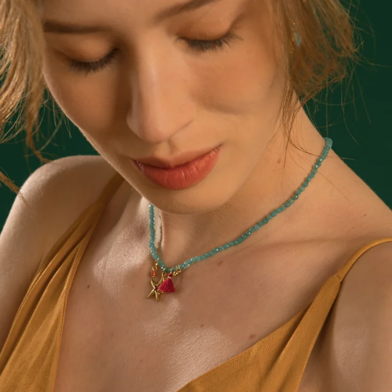 

Bohemian Nature Stone Beaded Necklace Stainless Steel Starfish Tassel Pendant Choker Women Summer Beach Jewelry