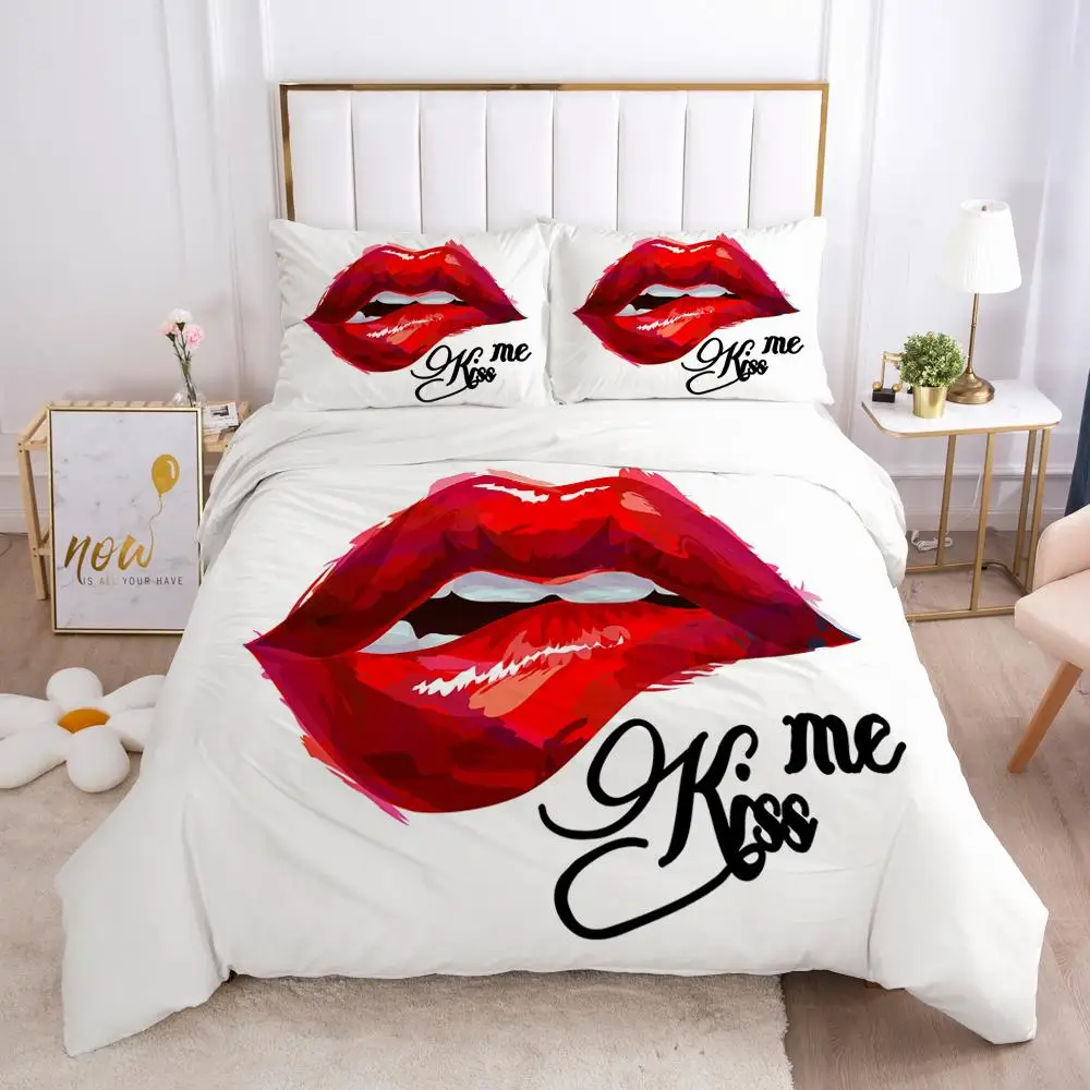 

Red Lips Duvet Cover Set Queen Polyester Love Twin Bedding Set Sexy Theme Adult Couple Comforter Cover 3D Kiss Marks Quilt Cover