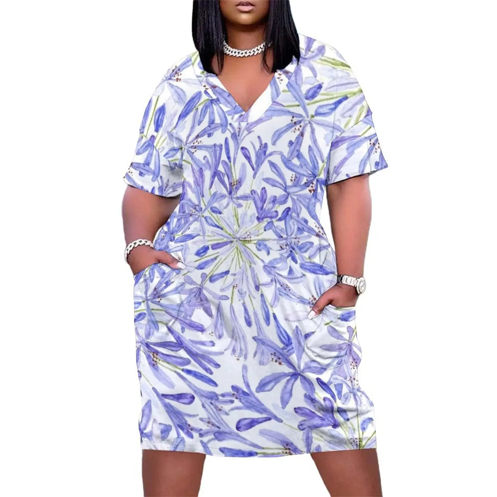 Фиолетовый синий африканская лилия акварель свободное платье с карманами летние