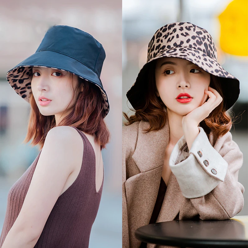 

Leopard print Women Bucket Hat Summer Foldable Sunscreen Panama Fisherman Hat Female Outdoor Sun Prevent Hat
