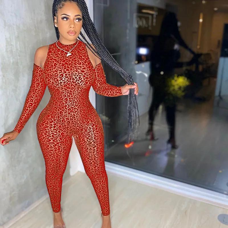 Sexy Velour Sheer Mesh Leopard Jumpsuit Club Outfits for Women Nightclub Party Bodycon Rompers Womens Jumpsuit with Oversleeve