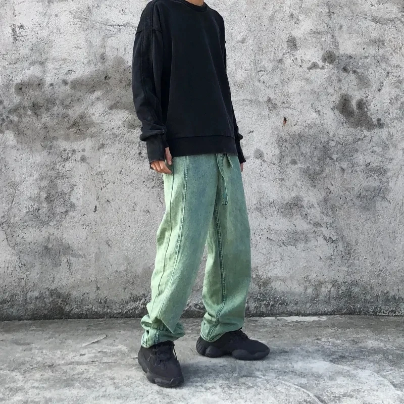 Men Trendy Straight Jeans Green Streetwear Hip-hop Skateboarding Retro Casual Wide Legs Youth Male Harajuku Style Denim Pants