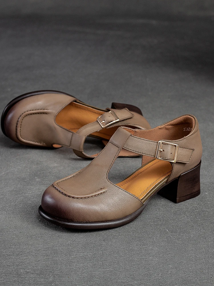 Beffery Genuine Leather Mary Jane Women's Heel Shoes Retro Handmade block heel Women T-shape Sandals