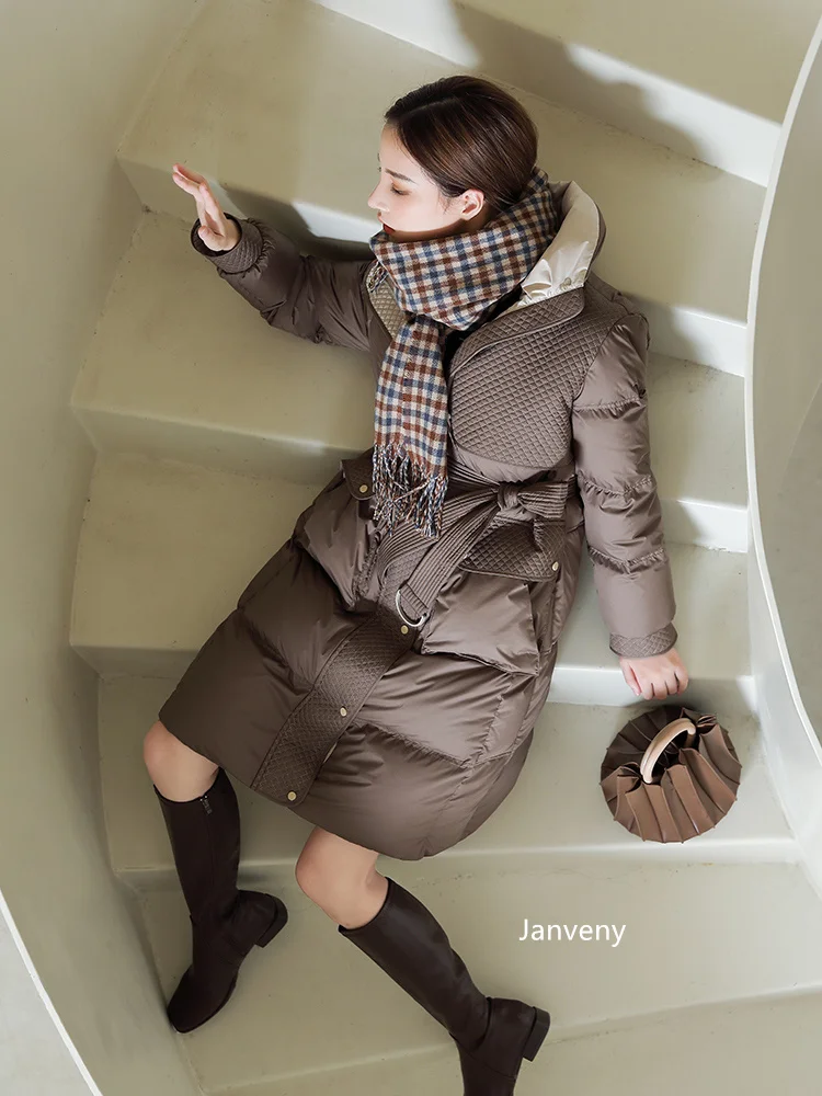 Janveny Роскошная зимняя женская пуховая куртка 2022 однотонная парка-пуховик из 90%