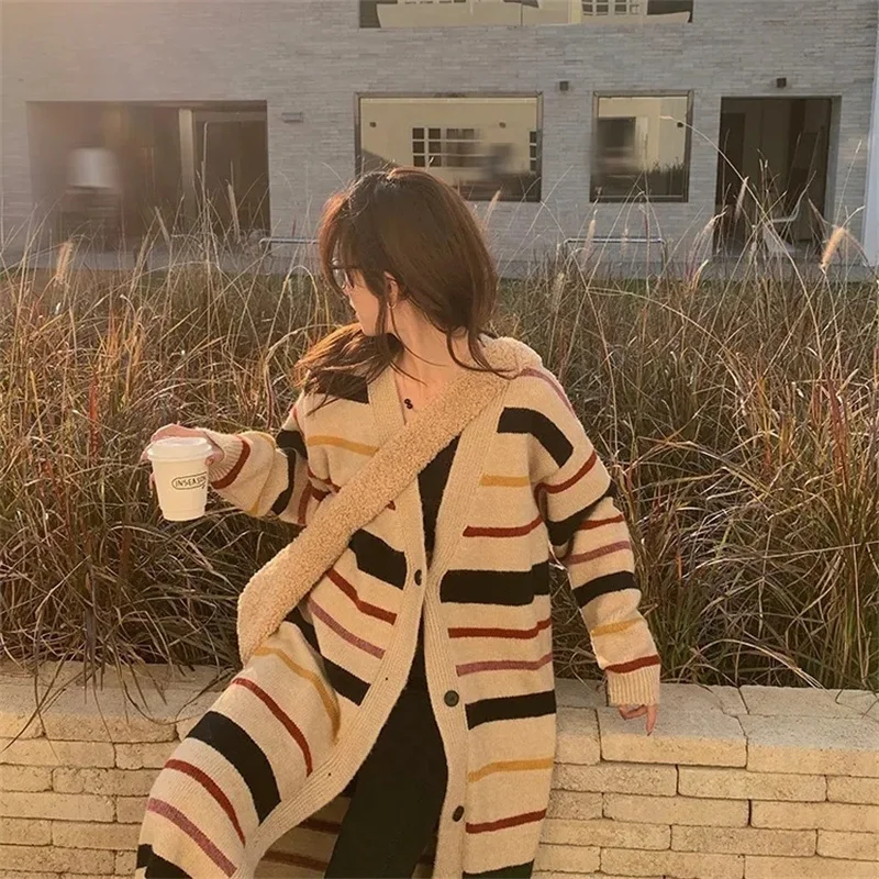 Длинный свитер в контрастную полоску пальто Новинка весна-осень 2023 Свободный