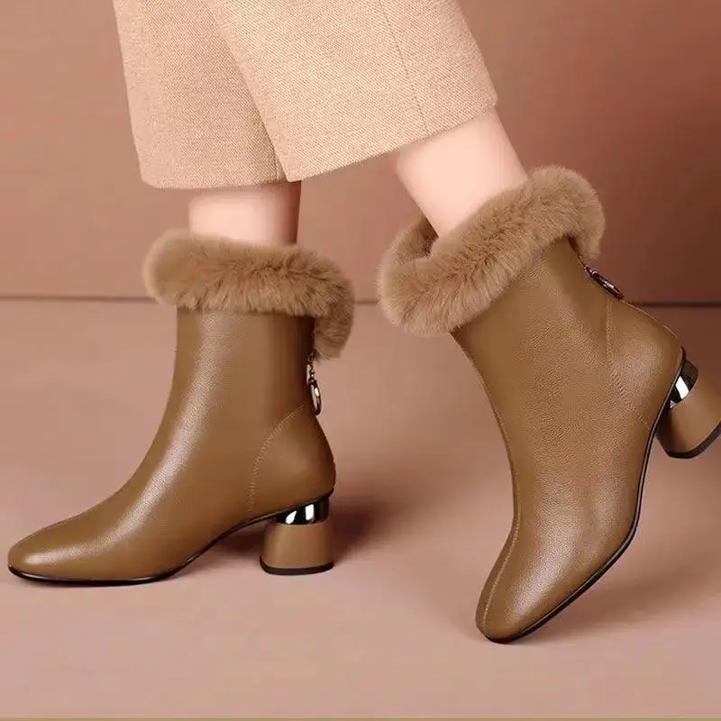 Boots Women Faux Leather Shoes For Winter Boots Plush Shoes Women's Casual PU Leather Botas Mujer Female Mid Calf Boots