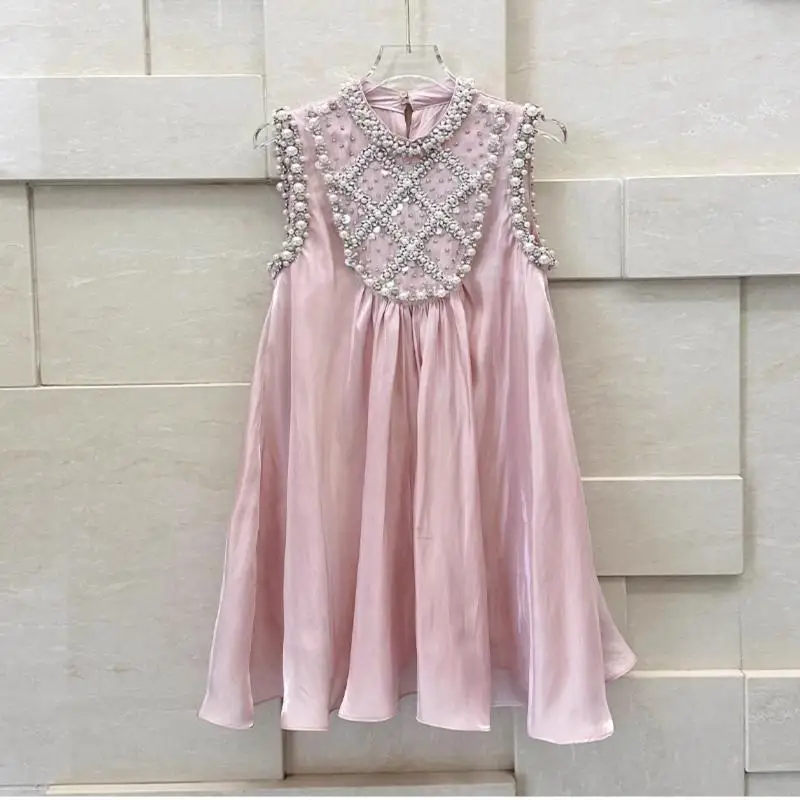 Brand Luxury Embroidered Beaded Pink Chiffion A-Line Loose Dress 2023 Summer Women Sweet Fashion Birthday Party Princess Dresses