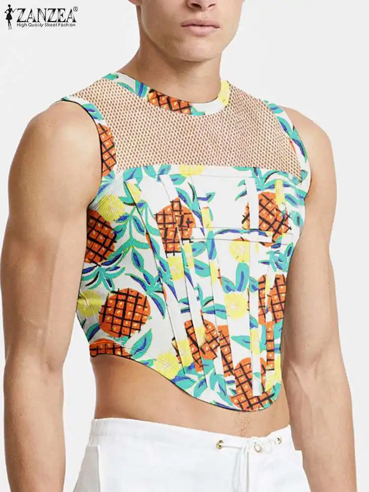 

Men Tank Tops O-neck Sleeveless 2022 Mesh Print Patchwork Sexy Crop Tops Streetwear Summer Casual Irregular Vests Men INCERU 7
