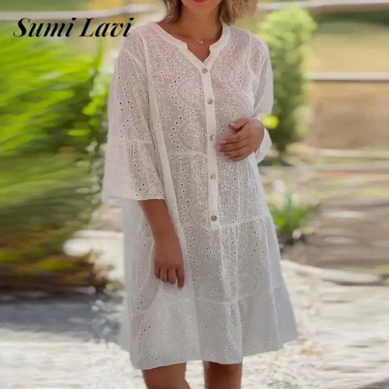 

Женское однотонное платье с вышивкой, повседневное однобортное свободное платье-мини с V-образным вырезом и рукавом до локтя, лето