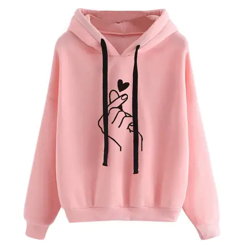 Anime Meek Fantisia Fashion  Women Finger Heart Print Drawstring Hooded Pullover Hoodie Long Sleeve Loose Plus Size Sweatshirt