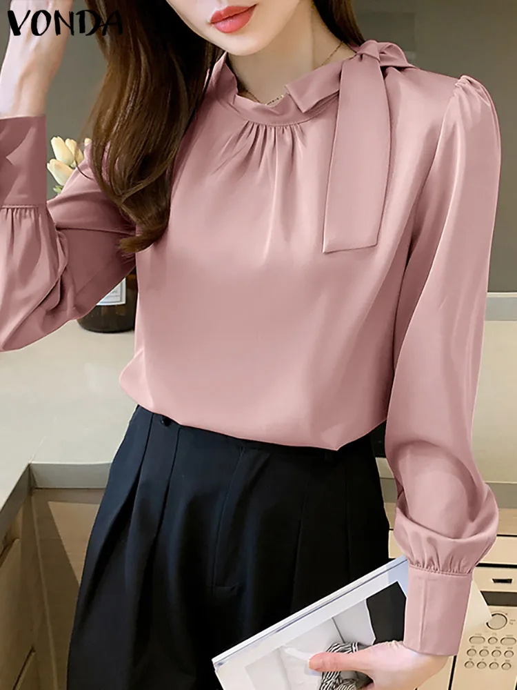 

Elegant Satin Blouses Women Tunic Bow Tie Silk Party Shirts 2023 VONDA Summer Lomg Puff Sleeve Fashion Tops Casual Solid Blusas