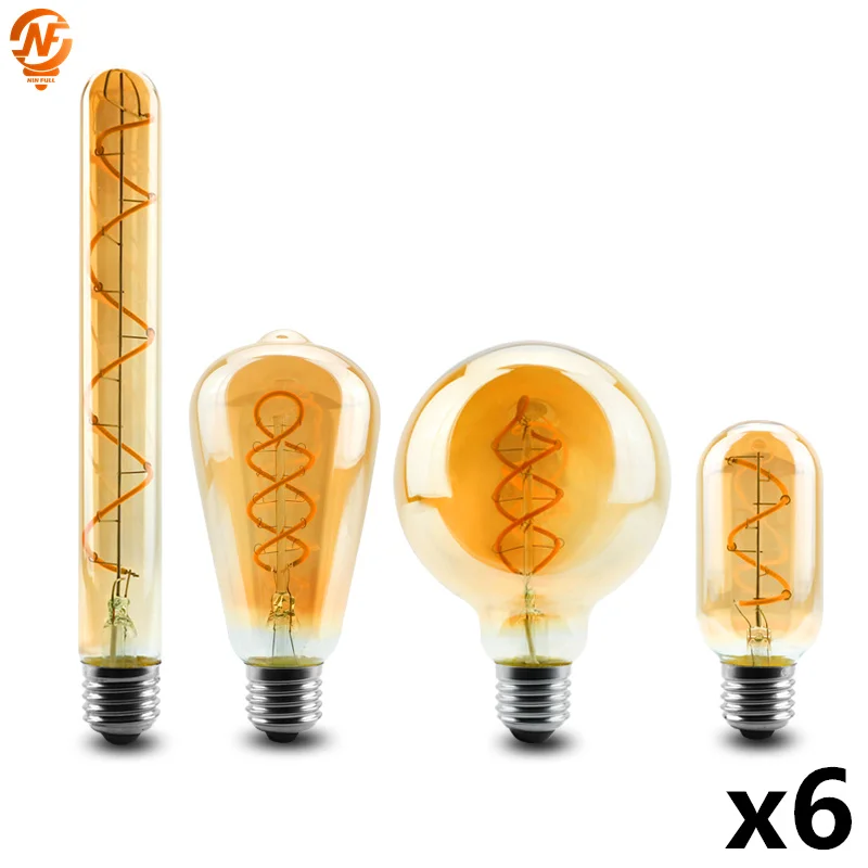 6pcs/lot E14 E27 Retro LED Spiral Filament Light Bulb 4W Warm Yellow 220V C35 A60 T45 ST64 T185 T225 G80 G95 Vintage Edison Lamp