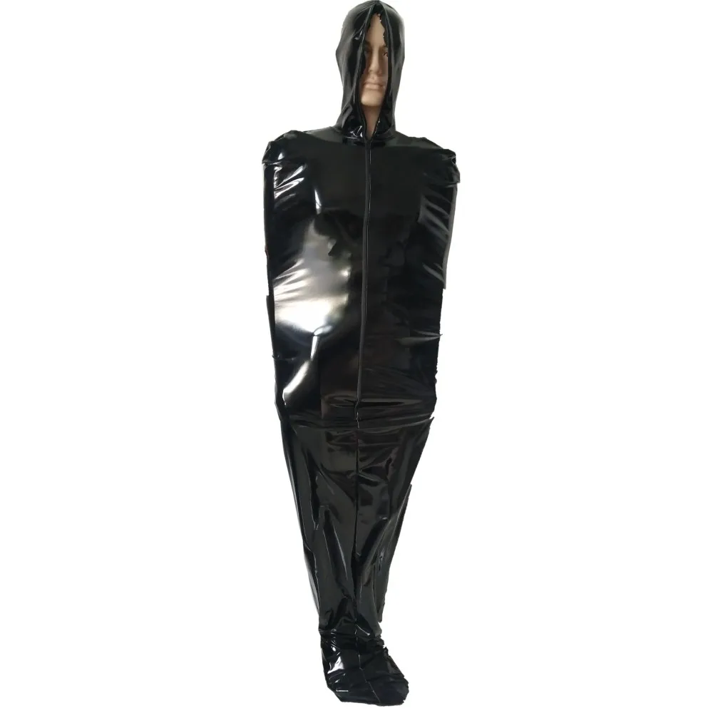 Fetish pvc faux leather Sexy black mummy bodysuit Spandex Sleeping Bag Zentai Catsuits adults cosplay Fancy Dress Double zipper